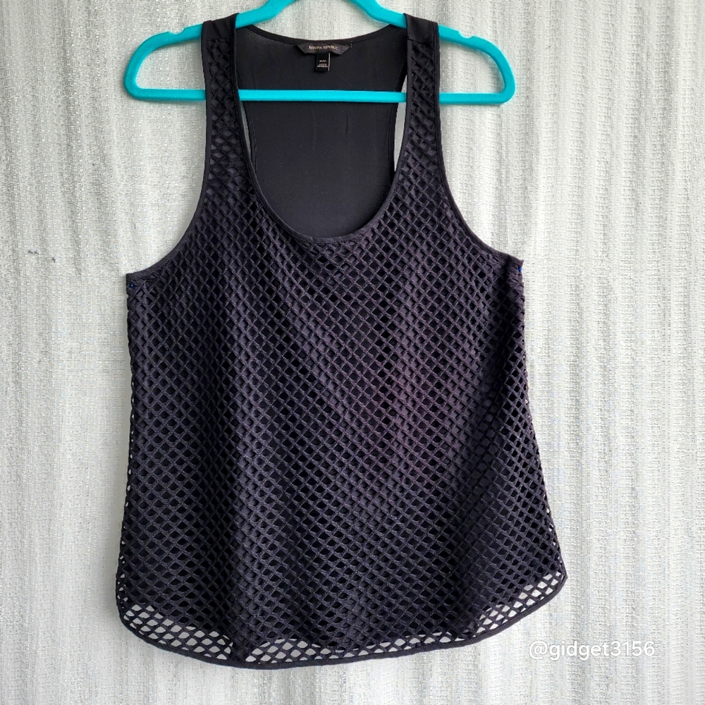 NWOT  BLACK FISHNET FRONT SOLID RACER BACK SLEEVELESS BLOUSE - SIZE MEDIUM